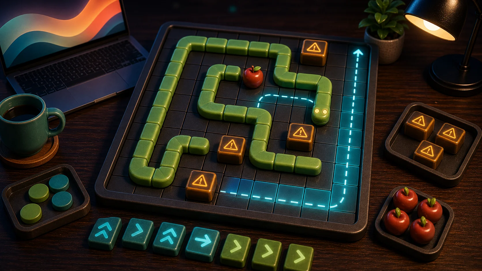 Illustrated snake arcade grid with segmented route, apple token, trap blocks, and open escape lane