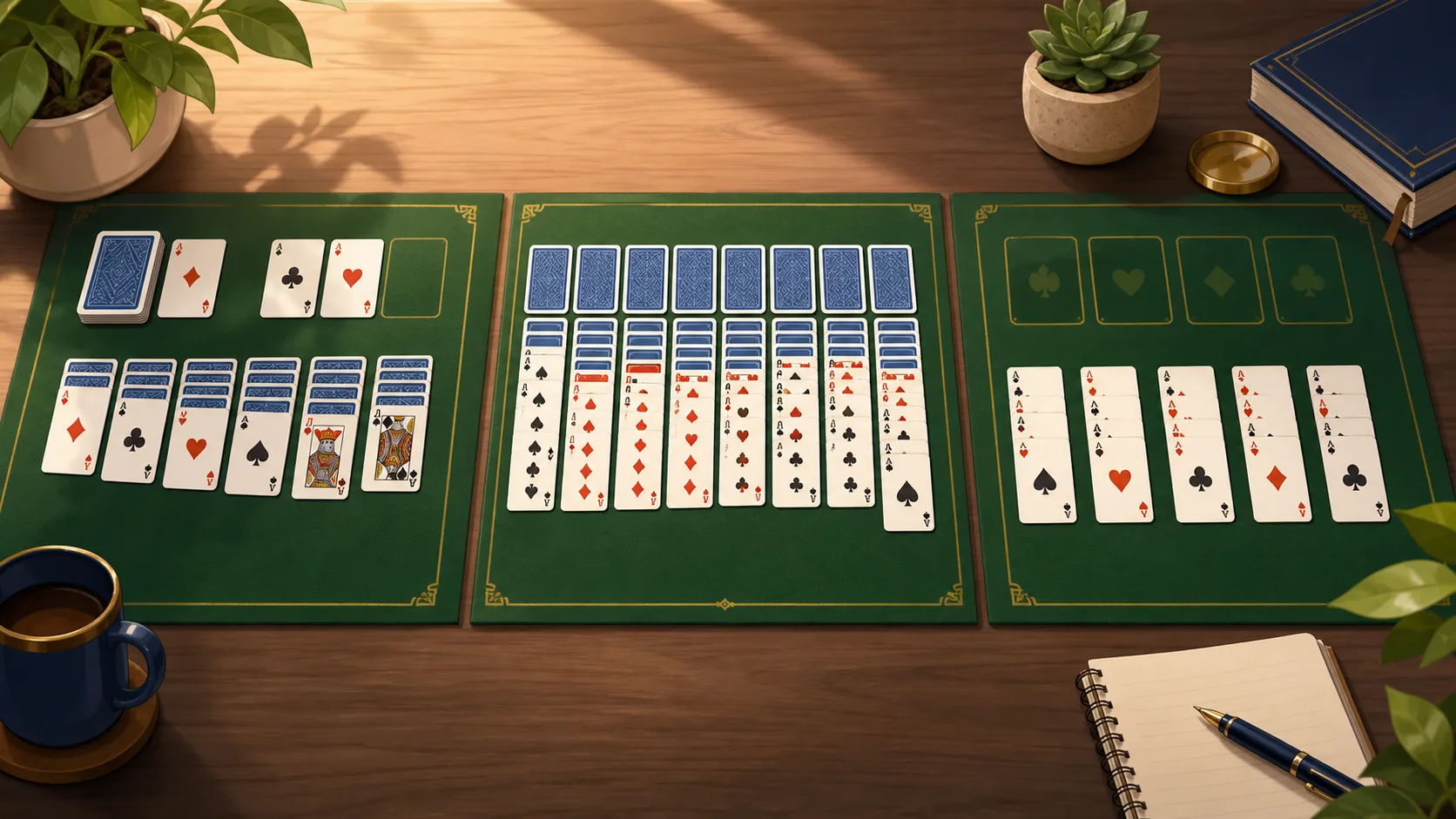 Illustrated tabletop with three different solitaire-style card layouts