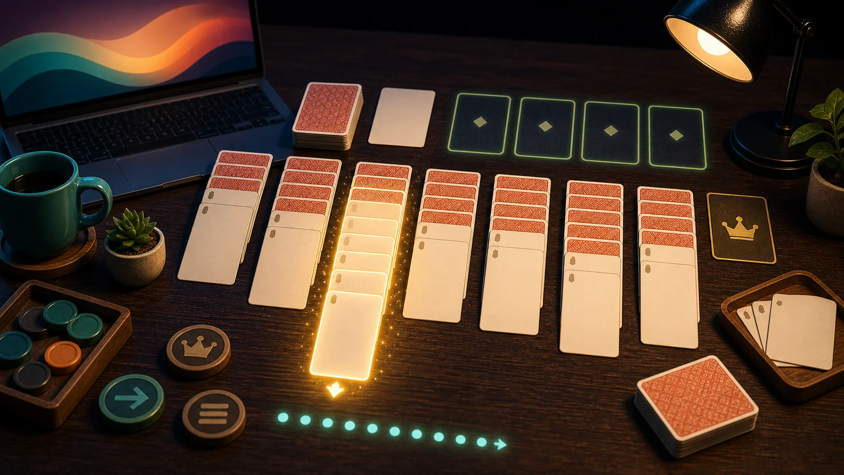 Illustrated solitaire tableau with unmarked cards, foundation slots, king-space marker, and reveal glow