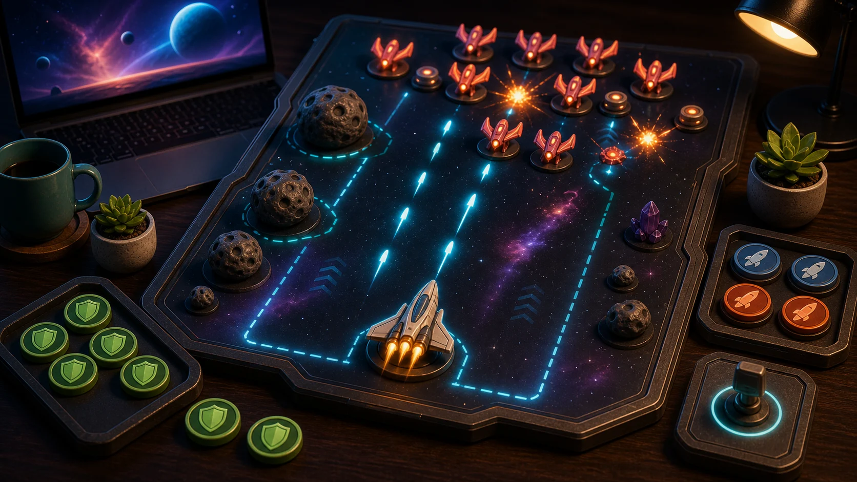 Illustrated space-shooter diorama with spacecraft token, enemy wave markers, plasma lanes, and shield tokens