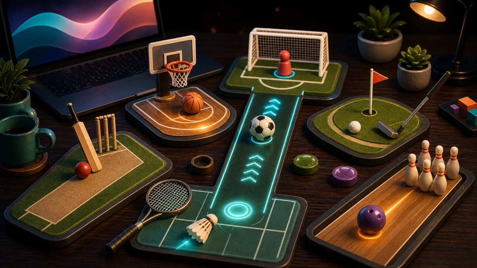 Illustrated desktop sports-game collection with cricket, penalty, hoop, racket, golf, and bowling props