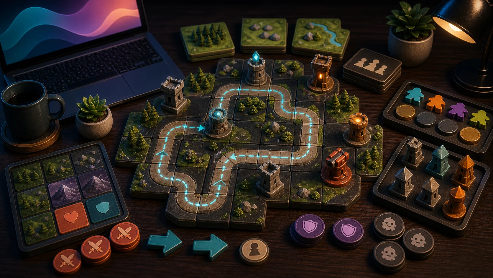 Illustrated strategy board with path tiles, tower placement markers, meadow pieces, and turn-decision tokens