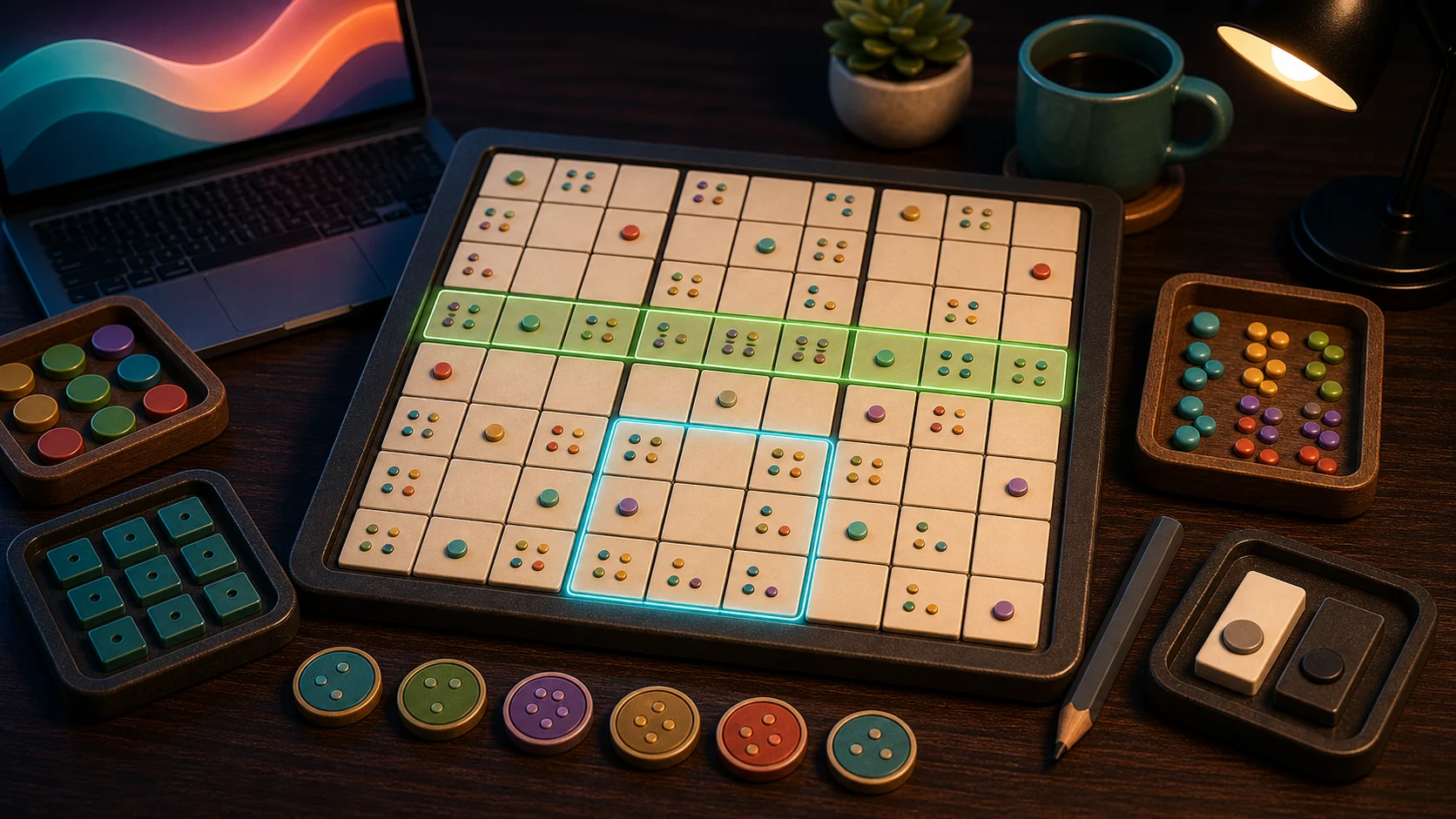 Illustrated sudoku-style grid with dot-note markers, highlighted row scan, and highlighted box scan