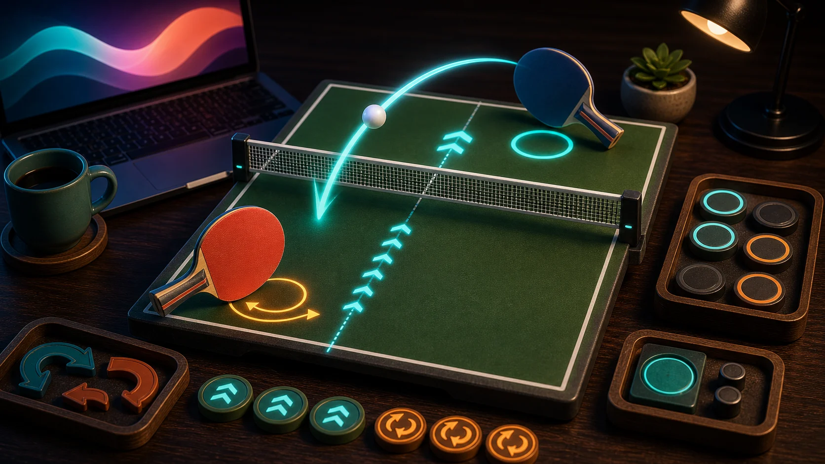 Illustrated table tennis table with paddles, glowing ball trail, center recovery markers, and spin arcs