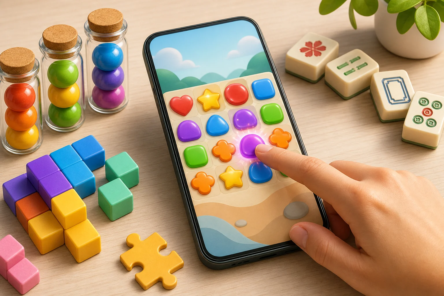 Illustration of a hand tapping colorful puzzle tiles on a phone surrounded by blocks, jars, jigsaw pieces, and mahjong-style tiles