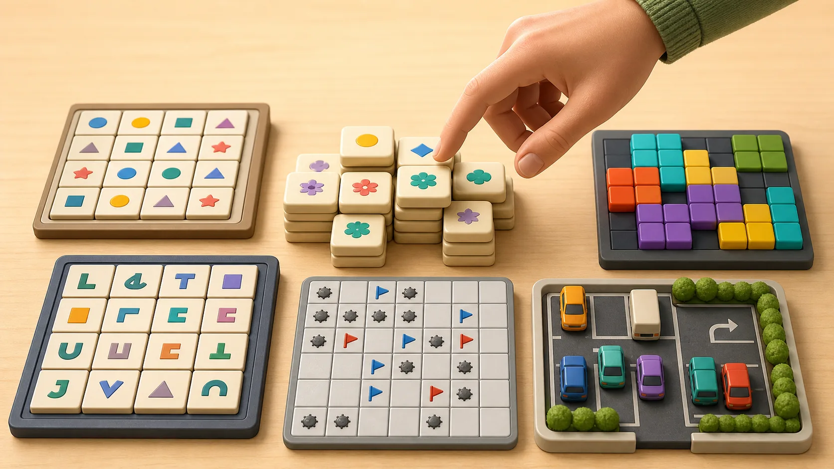 Illustration of several abstract puzzle boards on a tabletop with a hand choosing the first move