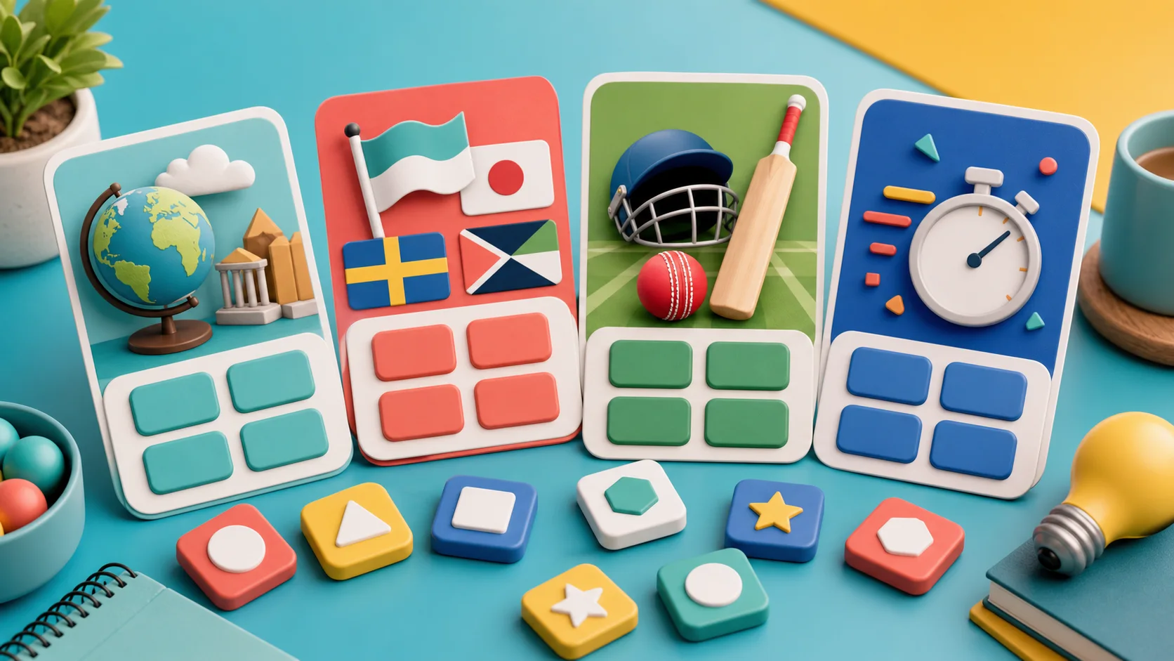 Illustration of quiz cards, answer tiles, a timer, and sports and flag-style prompts on a tabletop