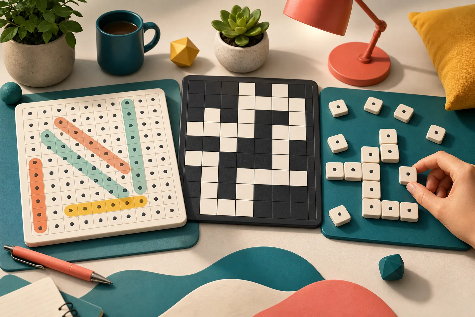 Illustration of a tabletop with abstract word search, crossword, and letter-tile puzzle areas