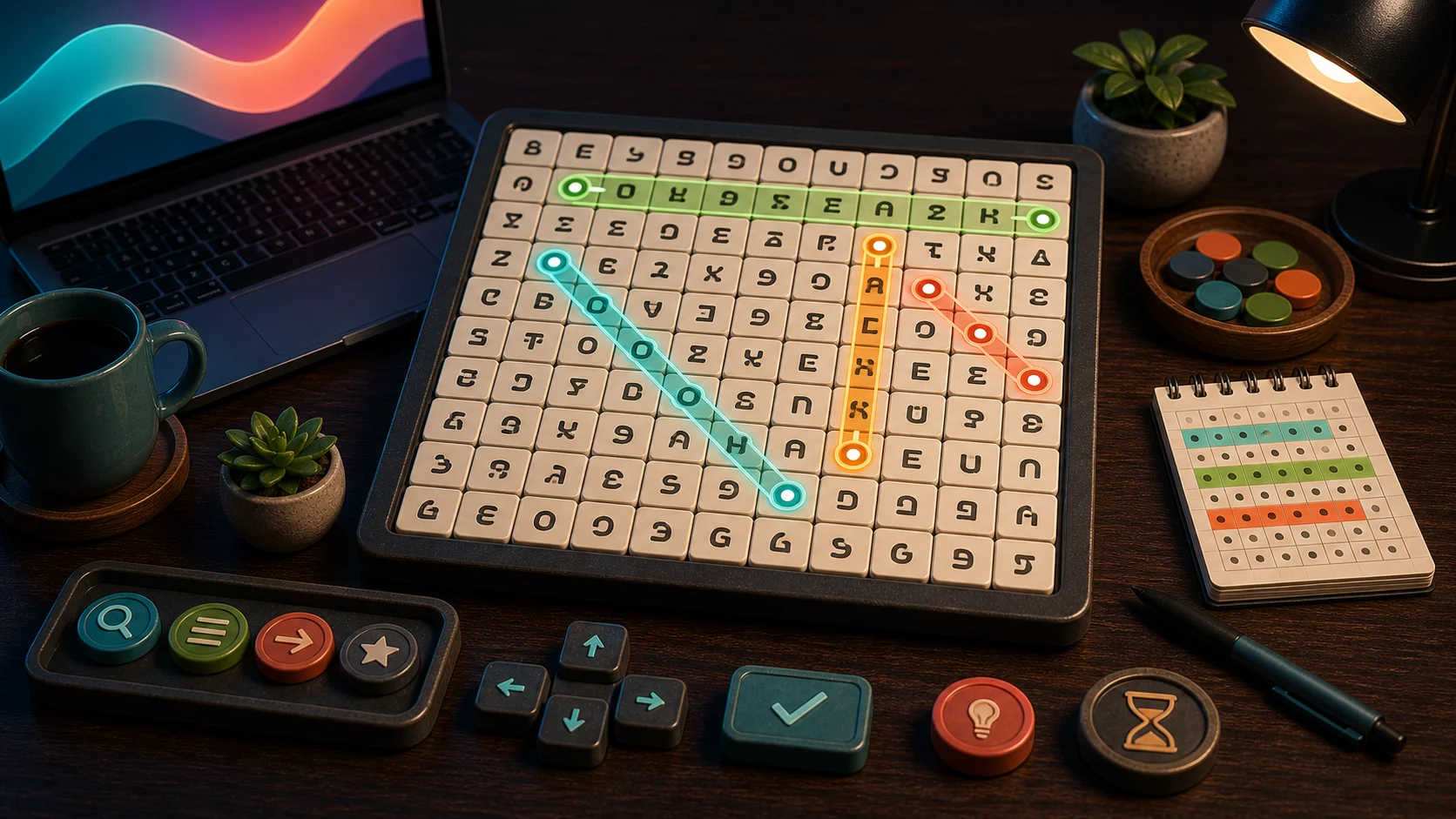 Illustrated word-search puzzle board with glyph tiles, highlighted scan rows, and path tracing tokens