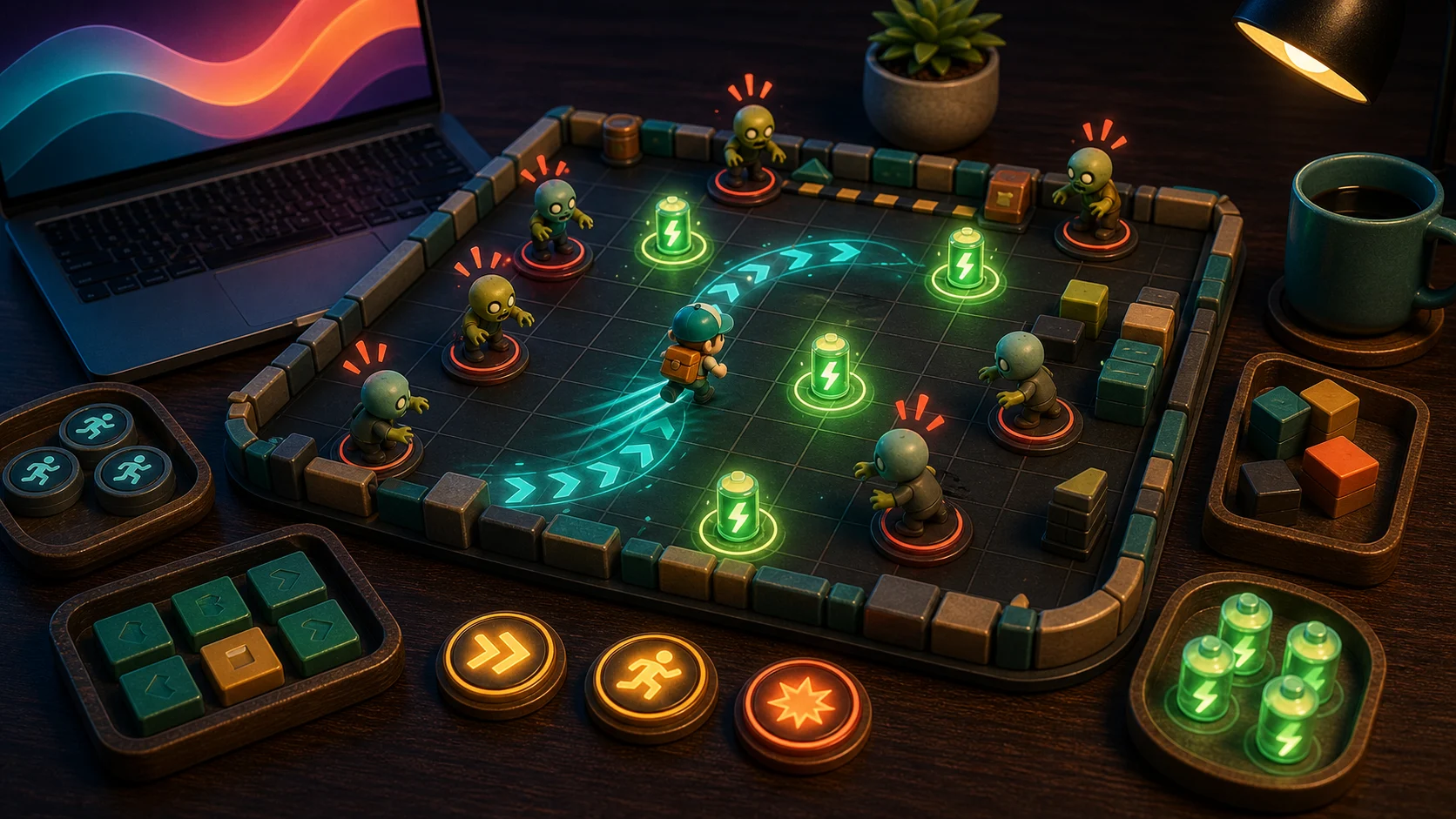Illustrated cartoon arcade arena with chaser tokens, glow pack pickups, dodge lanes, and burst markers
